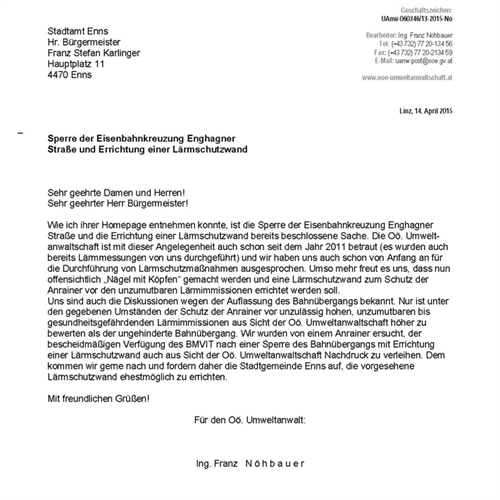 Stellungnahme der Oö. Umweltanwaltschaft zur Sperre der Eisenbahnkreuzung Enghagner Straße und Errichtung einer Lärmschutzwand